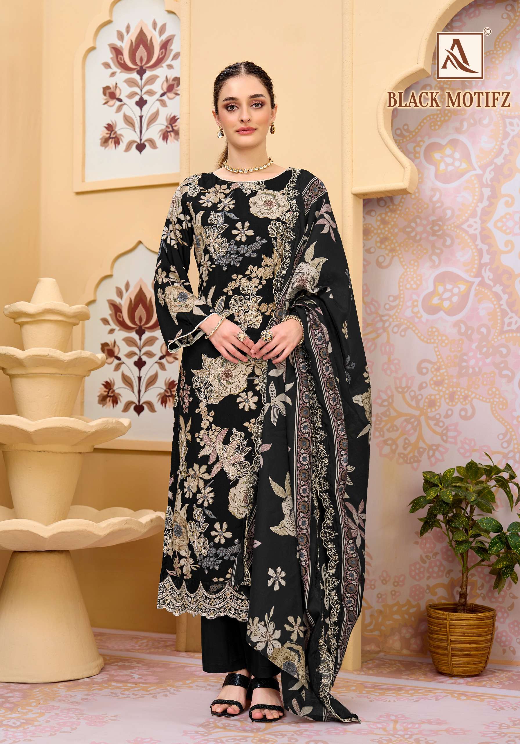 ALOK SUIT BLACK MOTIFZ REYON DISCHARGE FOIL PRINT BLACK COLOR SALWAR KAMEEZ LOW RATE SUPPLIER